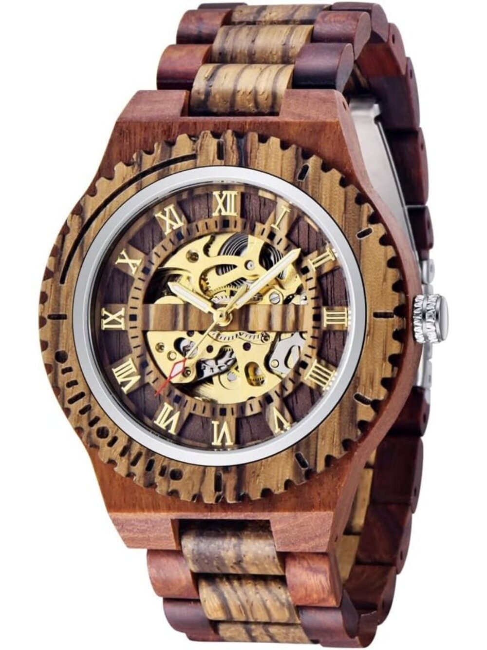 Stylish Men's Wooden Skeleton Watch | Automatic Self-Winding | Arabic Numbers